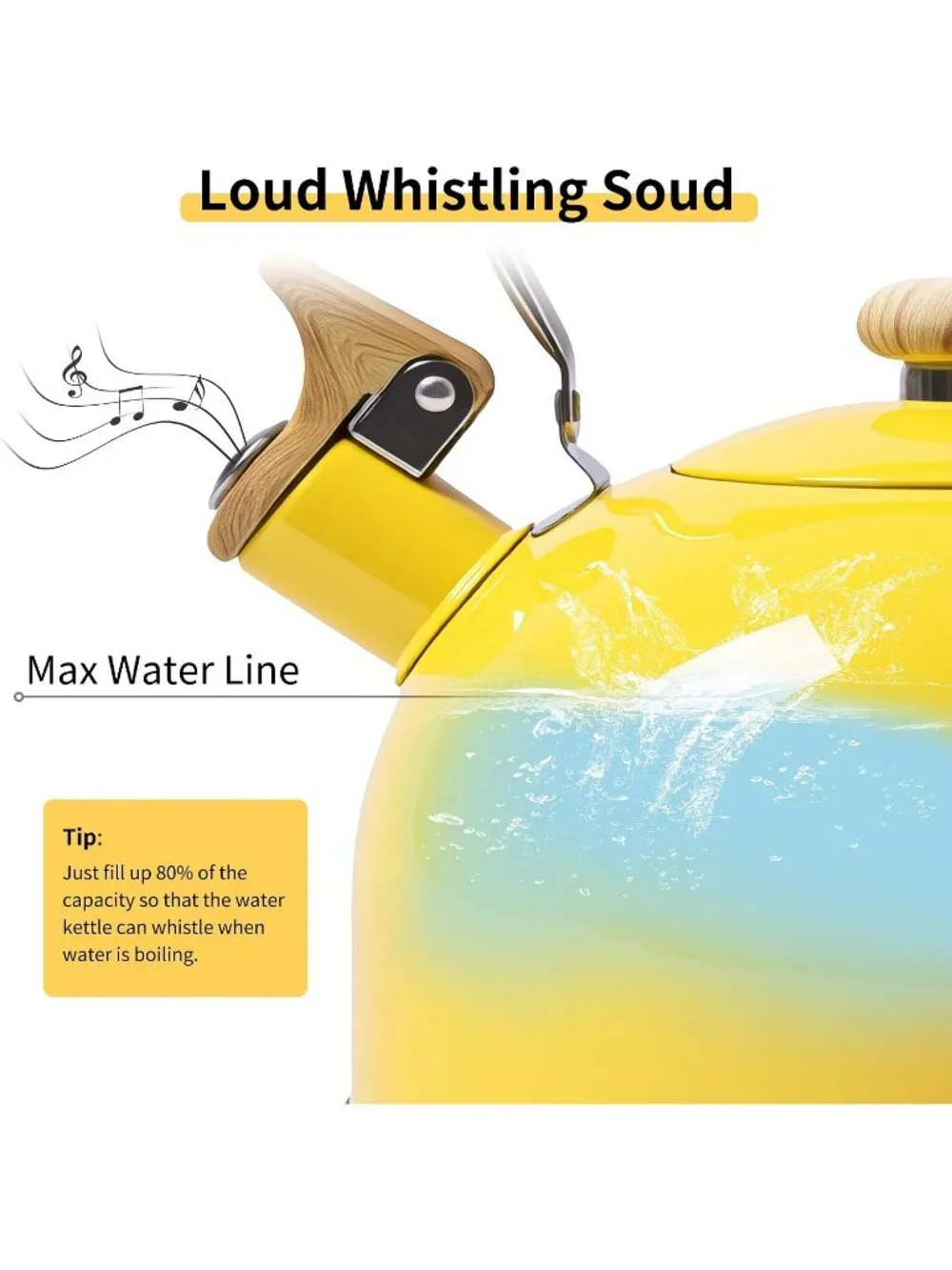Yellow Kitchen Whistling Tea Kettle 2.5 QT Stainless Steel Wood Folding Handle